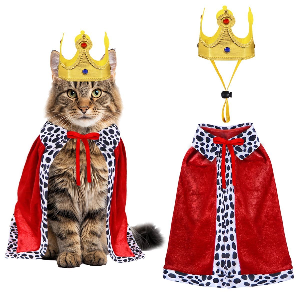 Cat Halloween Costume Cat King Costume Red Cape For Cat Gold Crown For Cat Dog Pet - Image 1