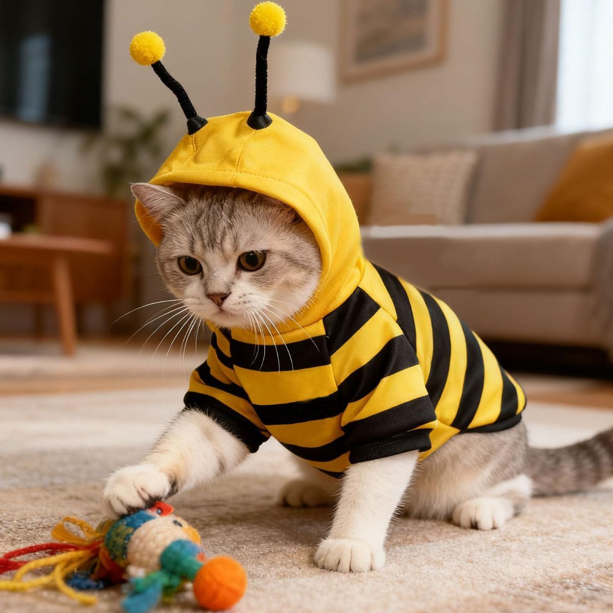 Bumblebee Cat Costume for Sphynx & Small Dogs, Fit Halloween, Yellow, Cute Bee Stripes Hoodie, Soft Warm Fleece, Holiday Cosplay Outfit, Daily Leisure Wear, Easy to Put, Safe for Leash Walking - Yellow / S - Image 6