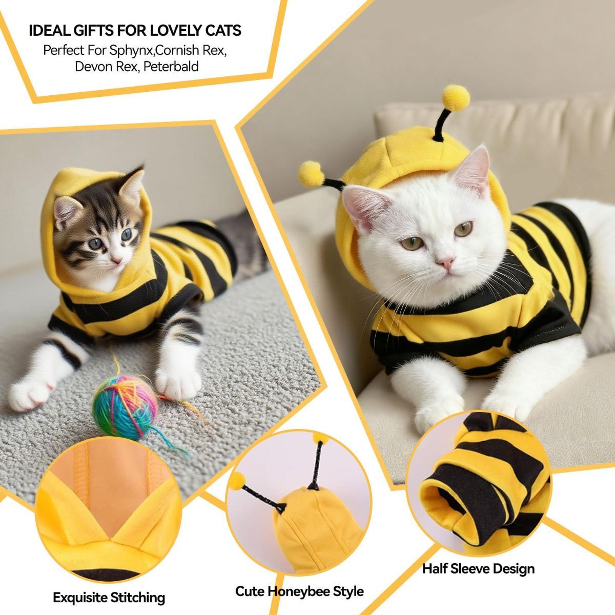 Bumblebee Cat Costume for Sphynx & Small Dogs, Fit Halloween, Yellow, Cute Bee Stripes Hoodie, Soft Warm Fleece, Holiday Cosplay Outfit, Daily Leisure Wear, Easy to Put, Safe for Leash Walking - Yellow / S - Image 7