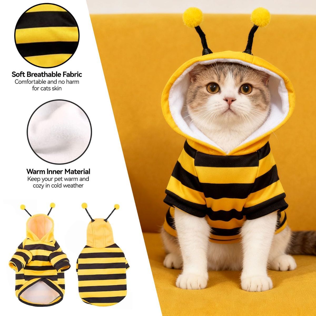 Bumblebee Cat Costume for Sphynx & Small Dogs, Fit Halloween, Yellow, Cute Bee Stripes Hoodie, Soft Warm Fleece, Holiday Cosplay Outfit, Daily Leisure Wear, Easy to Put, Safe for Leash Walking - Yellow / XS - Image 3