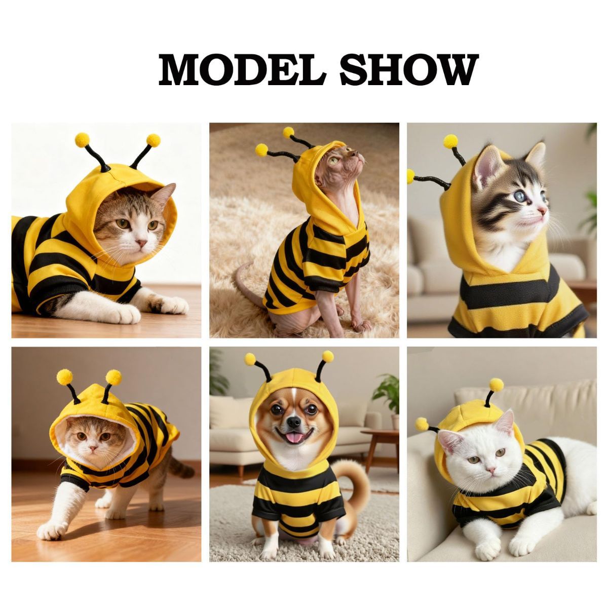 Bumblebee Cat Costume for Sphynx & Small Dogs, Fit Halloween, Yellow, Cute Bee Stripes Hoodie, Soft Warm Fleece, Holiday Cosplay Outfit, Daily Leisure Wear, Easy to Put, Safe for Leash Walking - Yellow / XS - Image 4