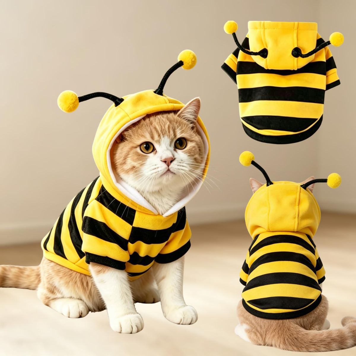 Bumblebee Cat Costume for Sphynx & Small Dogs, Fit Halloween, Yellow, Cute Bee Stripes Hoodie, Soft Warm Fleece, Holiday Cosplay Outfit, Daily Leisure Wear, Easy to Put, Safe for Leash Walking - Yellow / XXS - Image 1