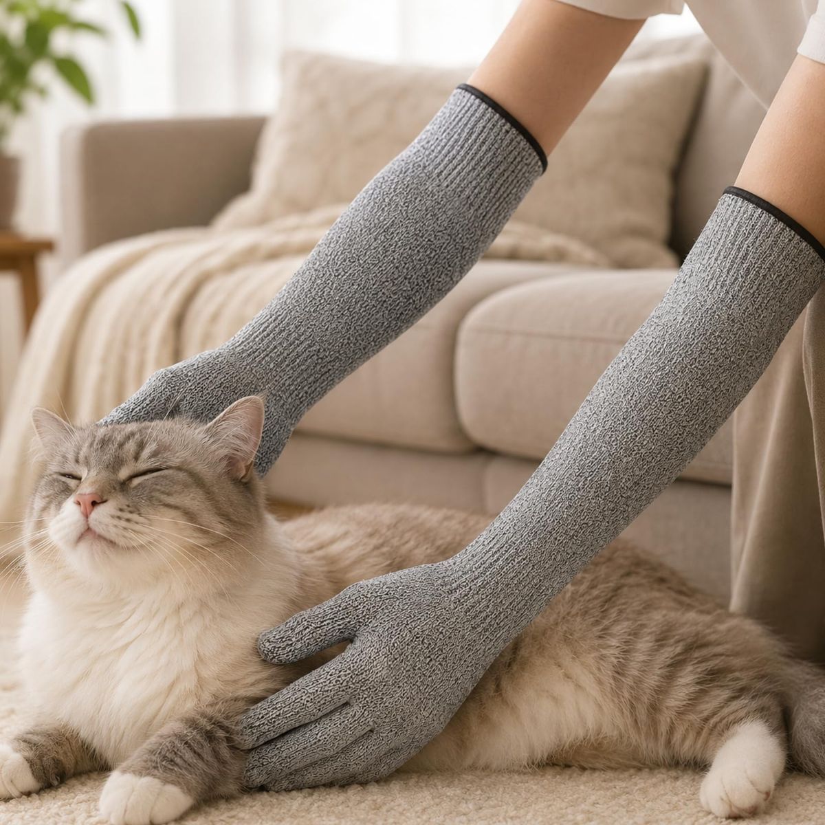 Cat Grooming Gloves Pet Handling Gloves Anti-Scratch Gloves Cat Nail Trimming - Gray - Size 15.7in - Image 5