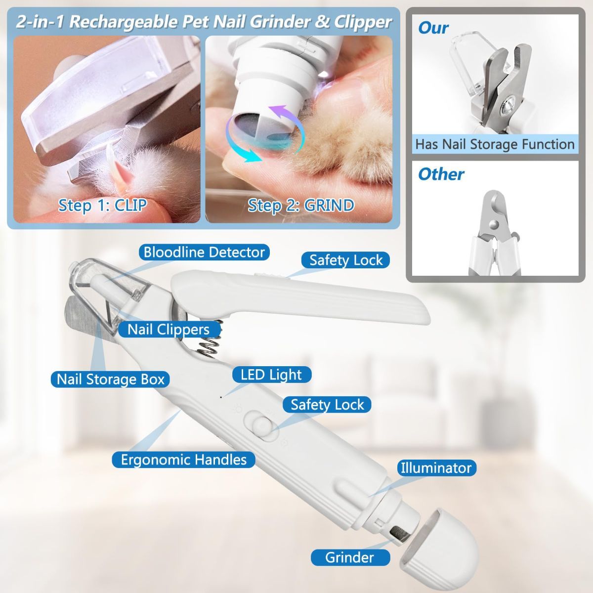 Pet Nail Clipper Cat Nail Clipper Dog Nail Clipper Nail Grinder LED Nail - Image 6