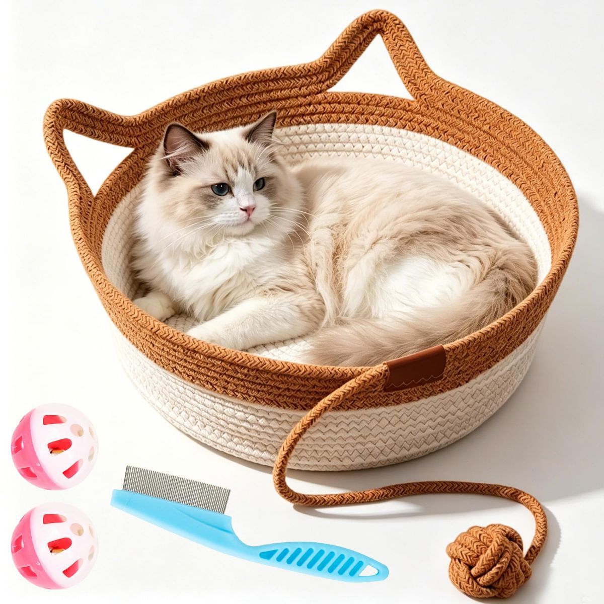 Cat Basket Hand-Woven Cat Bed Cat-Ear Handles Cotton Rope Cat Bed Indoor Cat - Brown - Size S - Image 1