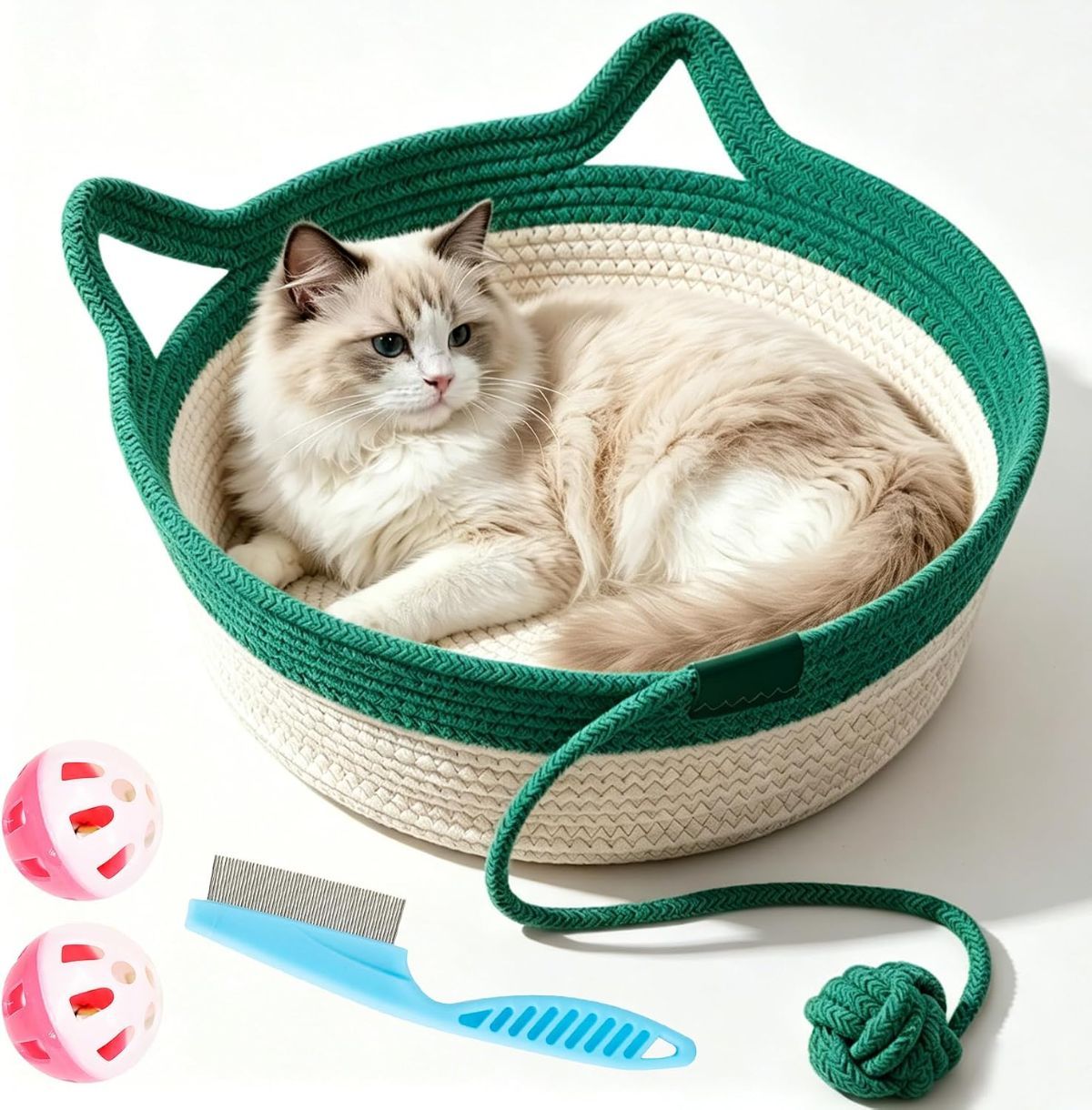 Cat Basket Hand-Woven Cat Bed Cat-Ear Handles Cotton Rope Cat Bed Indoor Cat - Green - Size M - Image 1