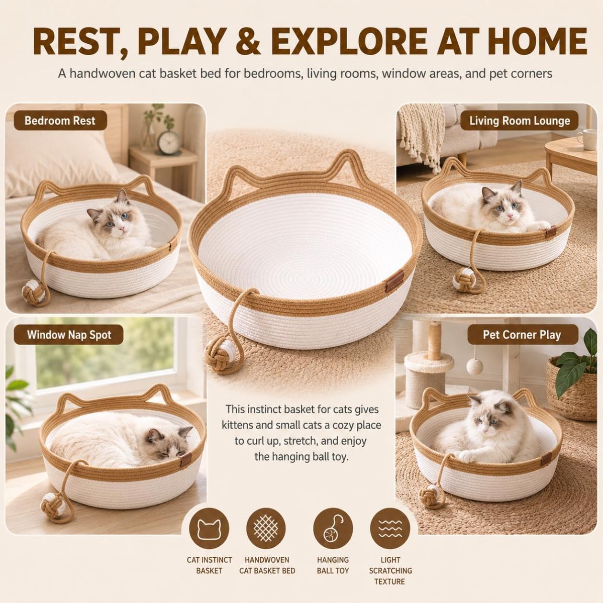 Cat Basket Hand-Woven Cat Bed Cat-Ear Handles Cotton Rope Cat Bed Indoor Cat - Green - Size M - Image 5