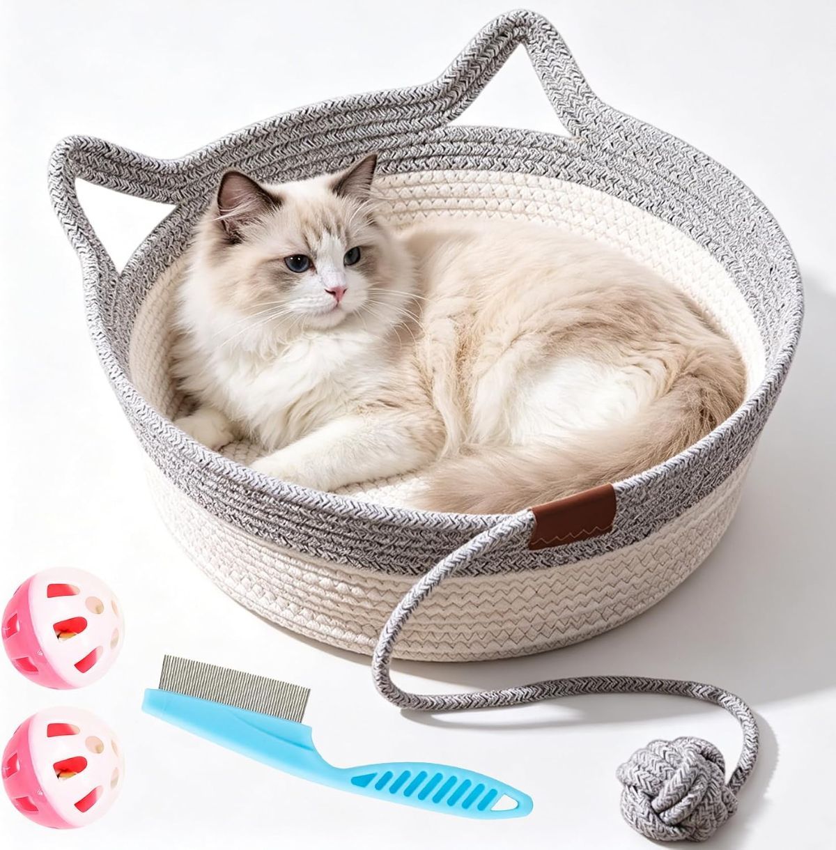 Cat Basket Hand-Woven Cat Bed Cat-Ear Handles Cotton Rope Cat Bed Indoor Cat - Gray - Size L - Image 1