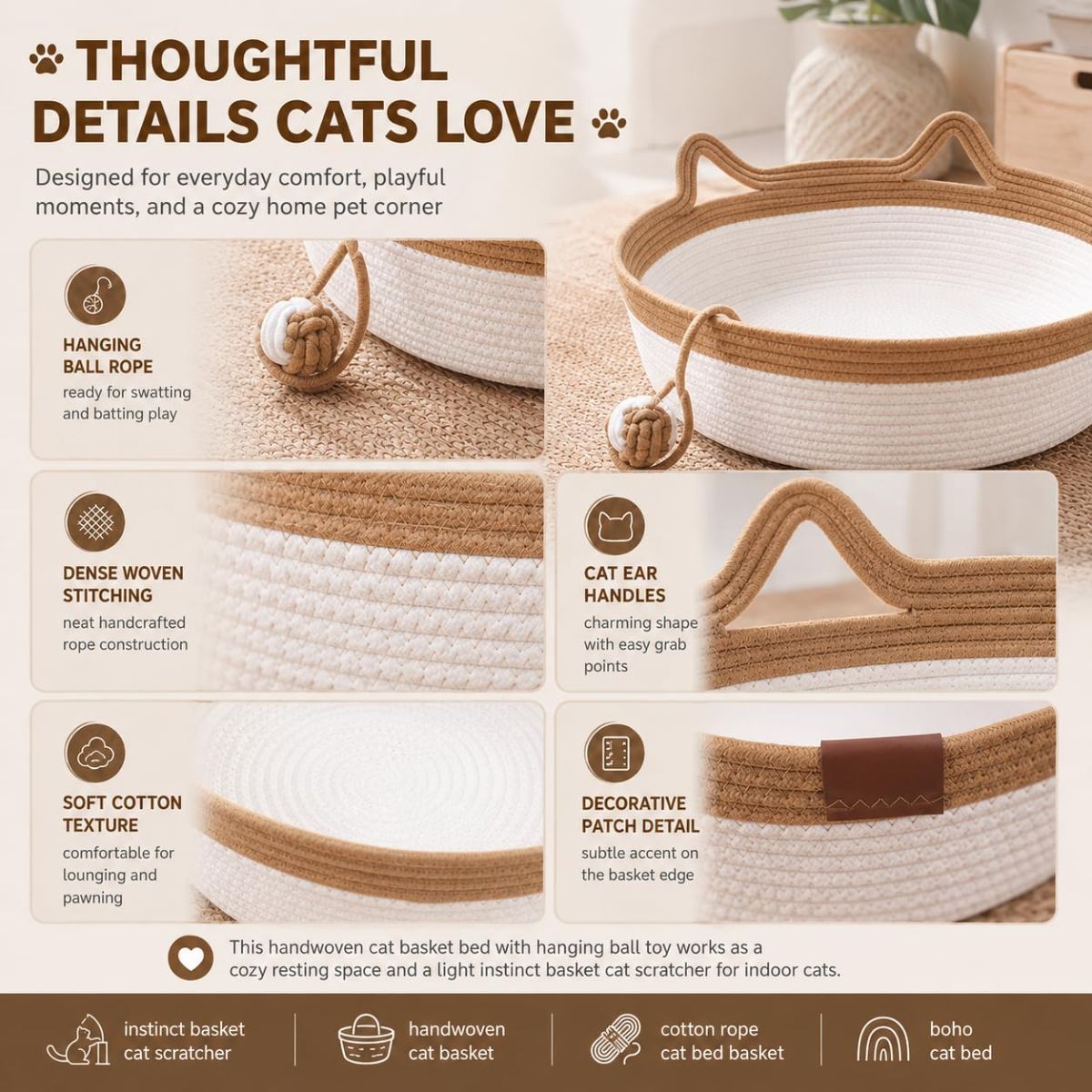 Cat Basket Hand-Woven Cat Bed Cat-Ear Handles Cotton Rope Cat Bed Indoor Cat - Gray - Size L - Image 4