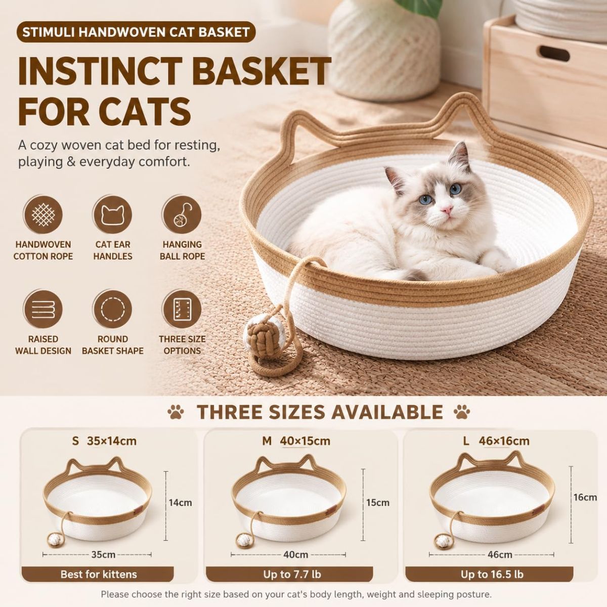 Cat Basket Hand-Woven Cat Bed Cat-Ear Handles Cotton Rope Cat Bed Indoor Cat - Gray - Size M - Image 3