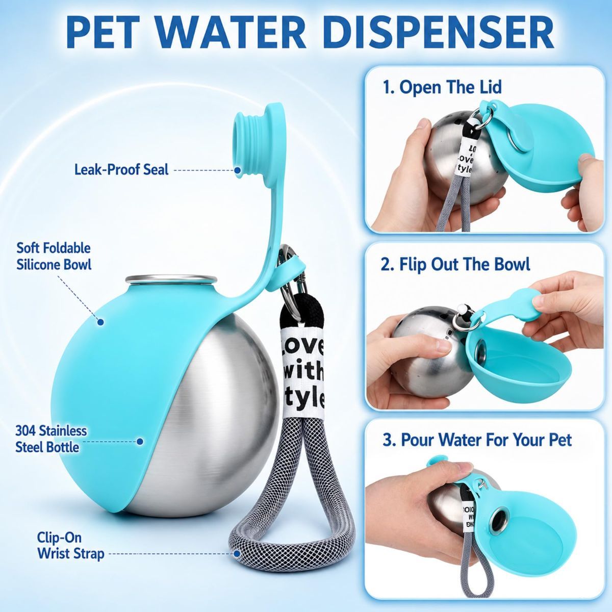 Portable Dog Water Bottle 2-In-1 Dog Water Dispenser Stainless Steel Pet Water - Image 4