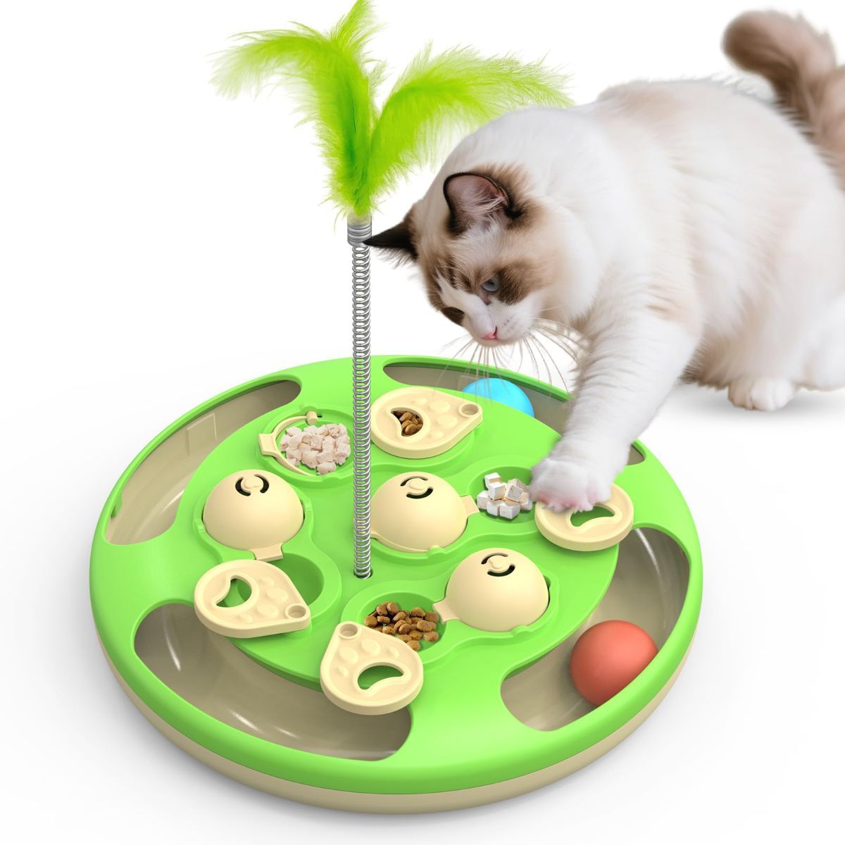 cat toy, 3-in-1 cat treat feeder, cat puzzle toy, trackball cat toy, feather teaser cat toy, slow-feeder cat toy, cat mental stimulation toy, indoor cat toy Australia, interactive cat puzzle - Image 1