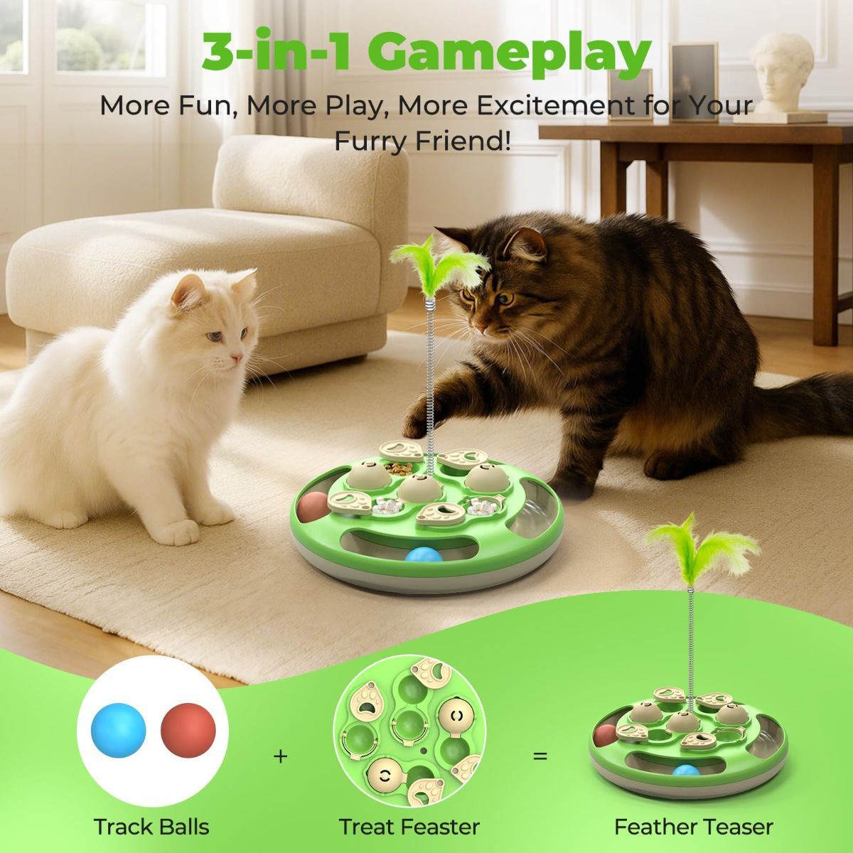 cat toy, 3-in-1 cat treat feeder, cat puzzle toy, trackball cat toy, feather teaser cat toy, slow-feeder cat toy, cat mental stimulation toy, indoor cat toy Australia, interactive cat puzzle - Image 7