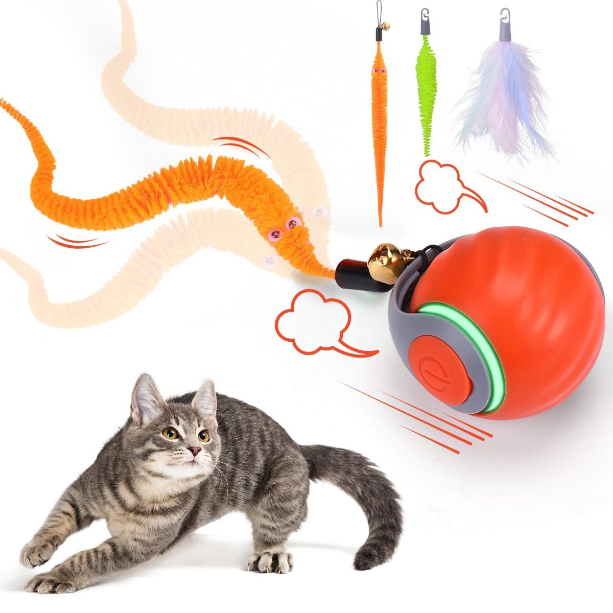 Interactive Cat Toy Cat Ball Toy Feather Worm Toy Cat Toy With Bells Australian - Image 1