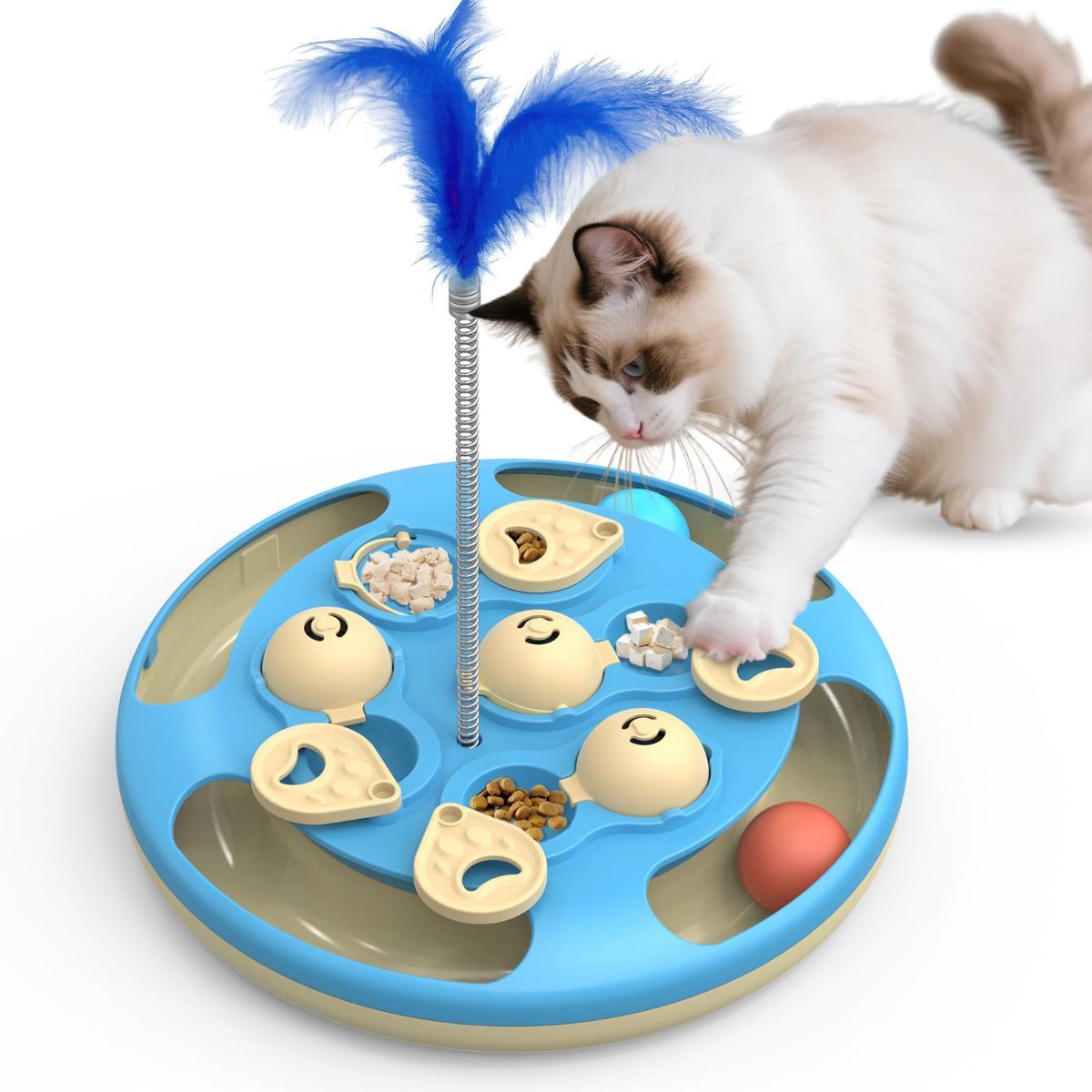 cat toy, 3-in-1 cat treat feeder, cat puzzle toy, trackball cat toy, feather teaser cat toy, slow-feeder cat toy, cat mental stimulation toy, indoor cat toy Australia, interactive cat puzzle - Image 1