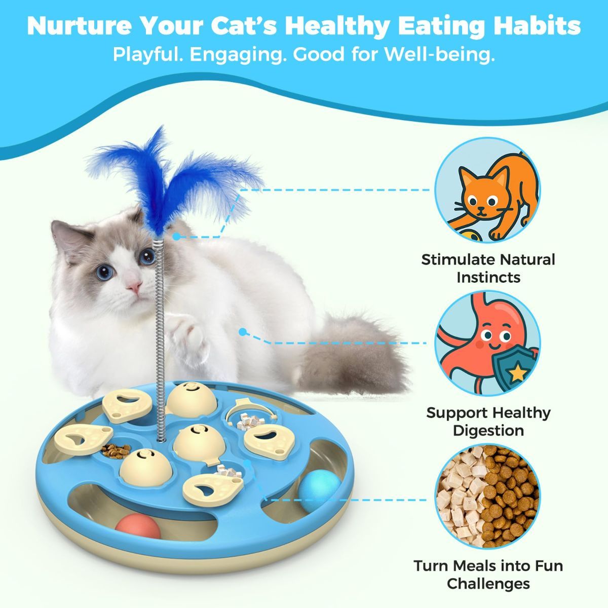 cat toy, 3-in-1 cat treat feeder, cat puzzle toy, trackball cat toy, feather teaser cat toy, slow-feeder cat toy, cat mental stimulation toy, indoor cat toy Australia, interactive cat puzzle - Image 3