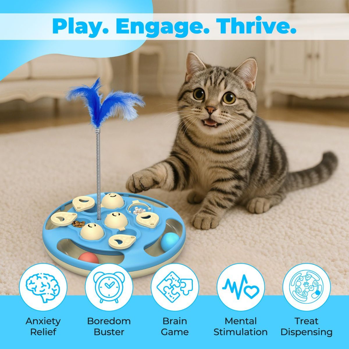 cat toy, 3-in-1 cat treat feeder, cat puzzle toy, trackball cat toy, feather teaser cat toy, slow-feeder cat toy, cat mental stimulation toy, indoor cat toy Australia, interactive cat puzzle - Image 4