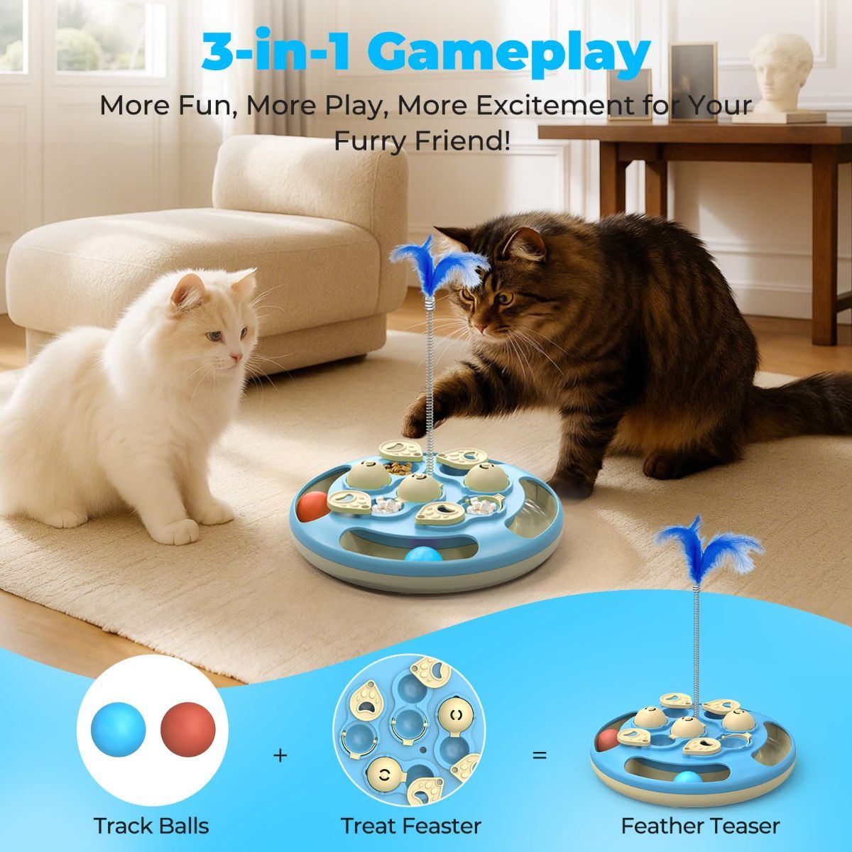 cat toy, 3-in-1 cat treat feeder, cat puzzle toy, trackball cat toy, feather teaser cat toy, slow-feeder cat toy, cat mental stimulation toy, indoor cat toy Australia, interactive cat puzzle - Image 5