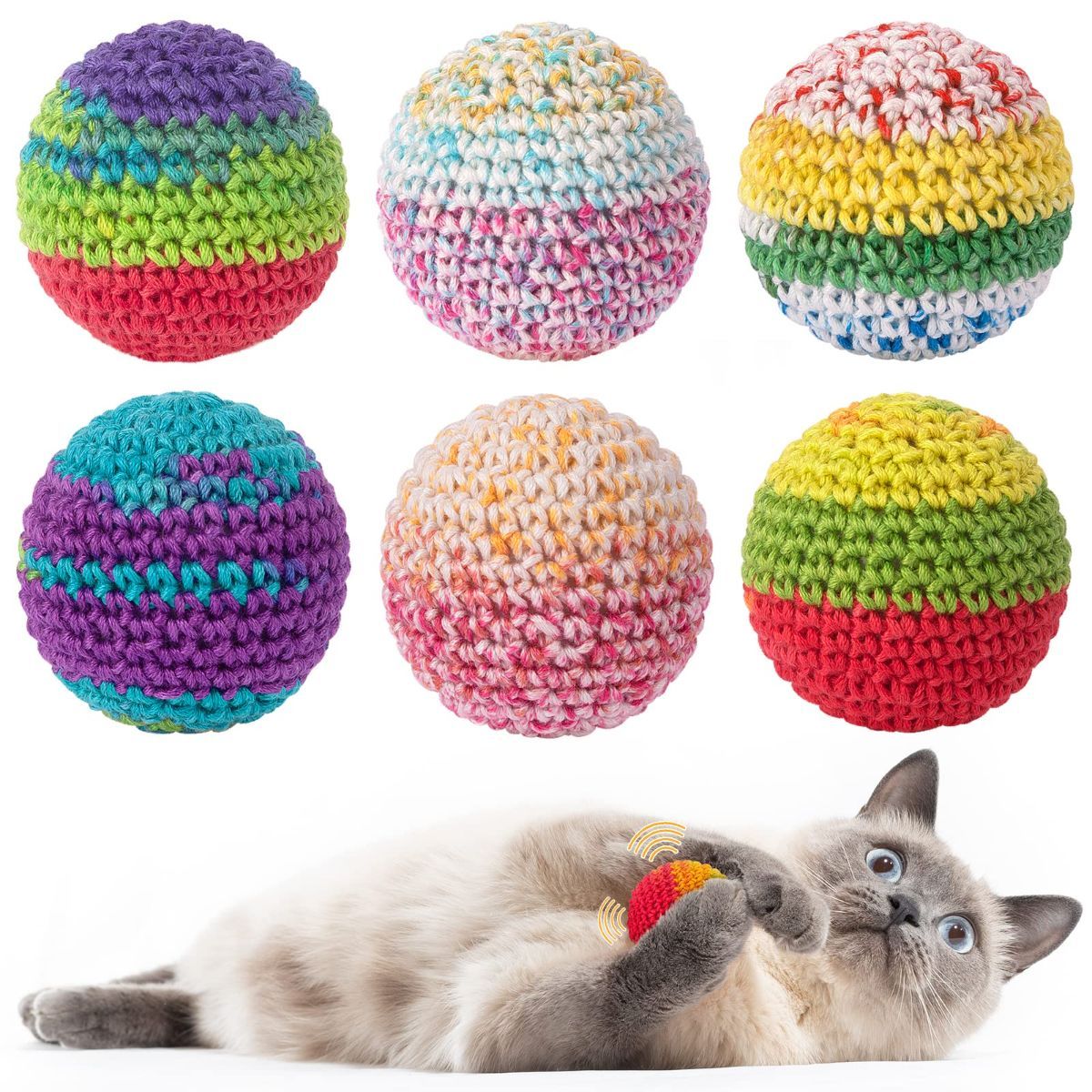 Cat Toys Hand-Crocheted Cat Balls Cat Balls With Bells Indoor Cat Toys Cat Play，Pack of 6，Random color - Image 1