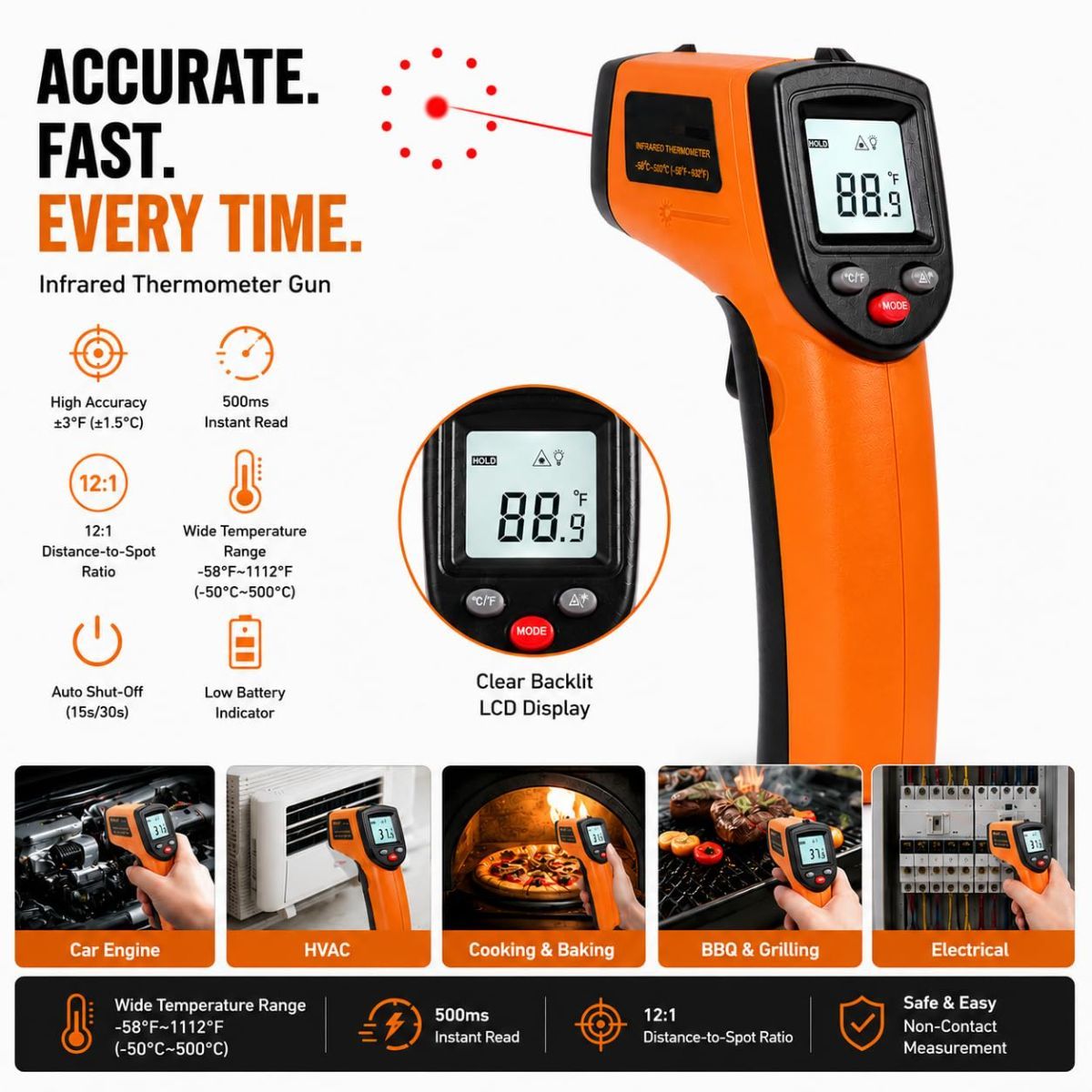 Digital Infrared Thermometer Gun -58°F to 1112°F, Non Contact Infrared Thermometer Laser Temperature Gun for Cooking, BBQ, Pizza Oven, Griddle, HVAC,Instant-Read with Backlit Display (Not for Human) - Image 2