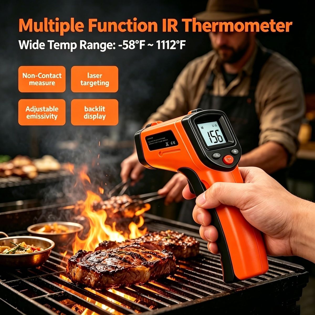 Digital Infrared Thermometer Gun -58°F to 1112°F, Non Contact Infrared Thermometer Laser Temperature Gun for Cooking, BBQ, Pizza Oven, Griddle, HVAC,Instant-Read with Backlit Display (Not for Human) - Image 3