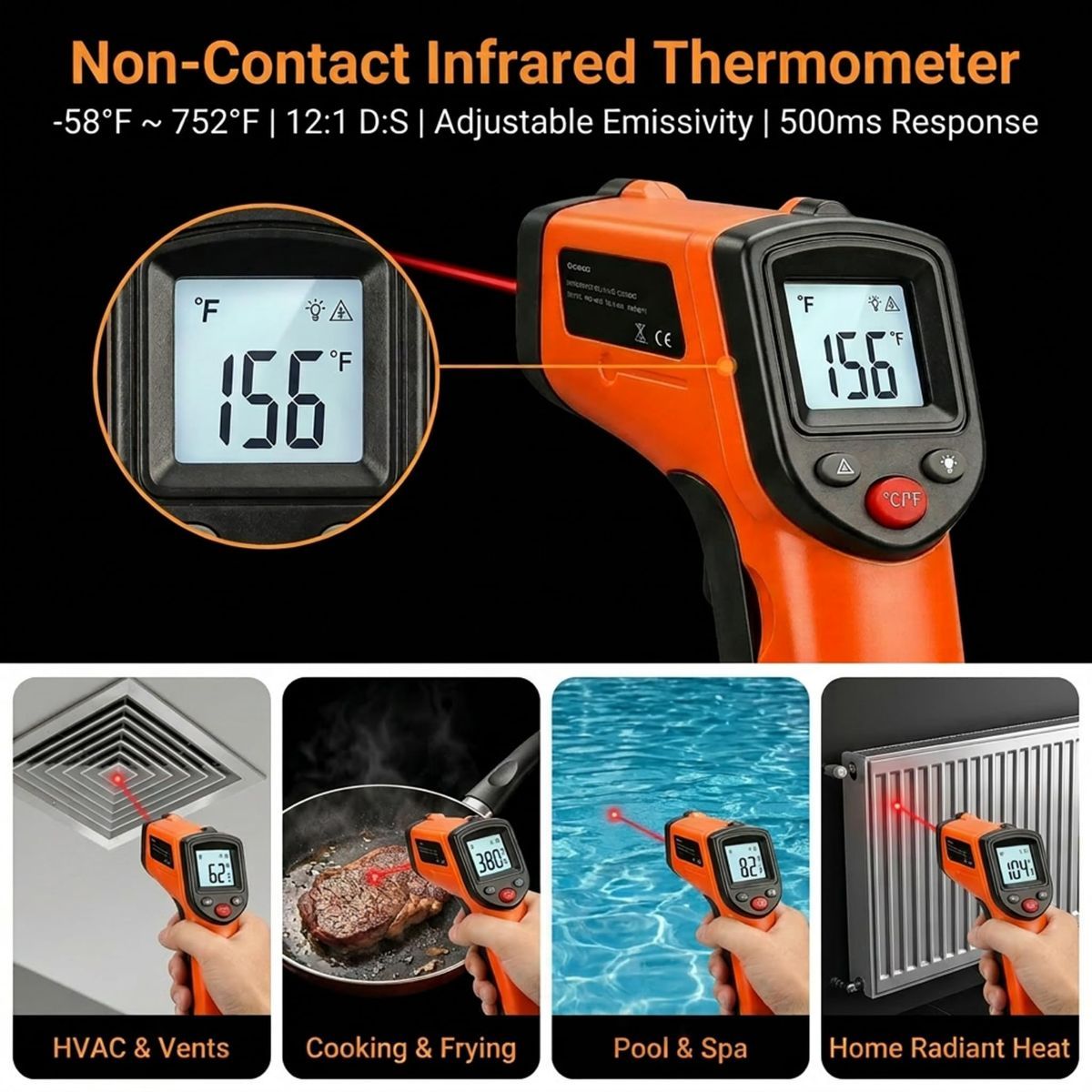 Digital Infrared Thermometer Gun -58°F to 1112°F, Non Contact Infrared Thermometer Laser Temperature Gun for Cooking, BBQ, Pizza Oven, Griddle, HVAC,Instant-Read with Backlit Display (Not for Human) - Image 4