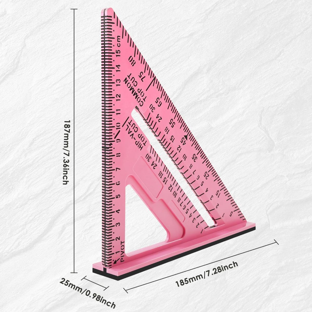 7 Inch Woodworking Triangle Ruler, Metric and Imperial Plastic Carpenter Square, Precision Right Angle Measuring Ruler, Clear Scale Square Protractor for Woodworking and Carpentry - Pink - Image 2