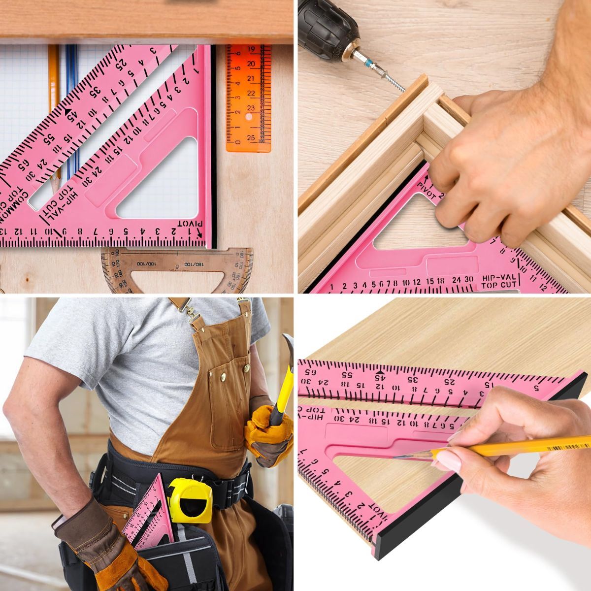 7 Inch Woodworking Triangle Ruler, Metric and Imperial Plastic Carpenter Square, Precision Right Angle Measuring Ruler, Clear Scale Square Protractor for Woodworking and Carpentry - Pink - Image 8