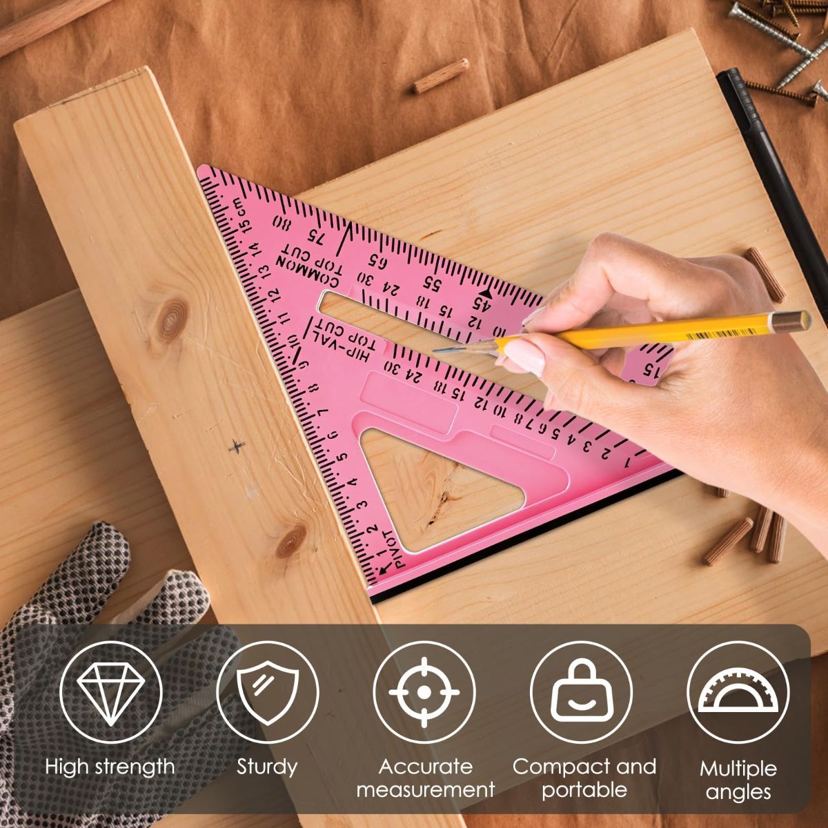 7 Inch Woodworking Triangle Ruler, Metric and Imperial Plastic Carpenter Square, Precision Right Angle Measuring Ruler, Clear Scale Square Protractor for Woodworking and Carpentry - Yellow - Image 3