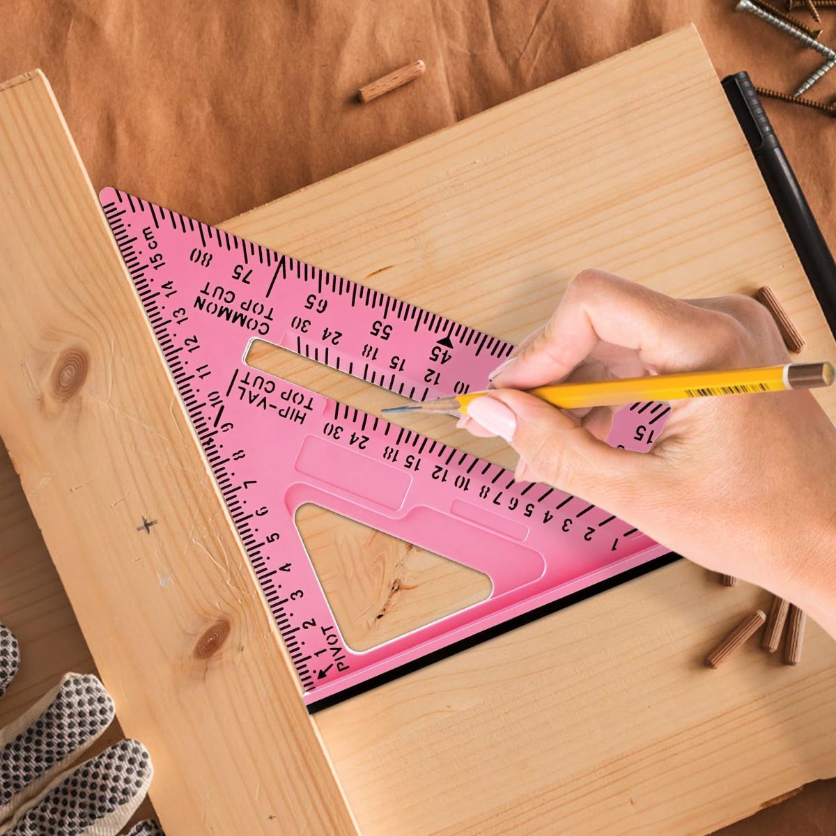 7 Inch Woodworking Triangle Ruler, Metric and Imperial Plastic Carpenter Square, Precision Right Angle Measuring Ruler, Clear Scale Square Protractor for Woodworking and Carpentry - Yellow - Image 7