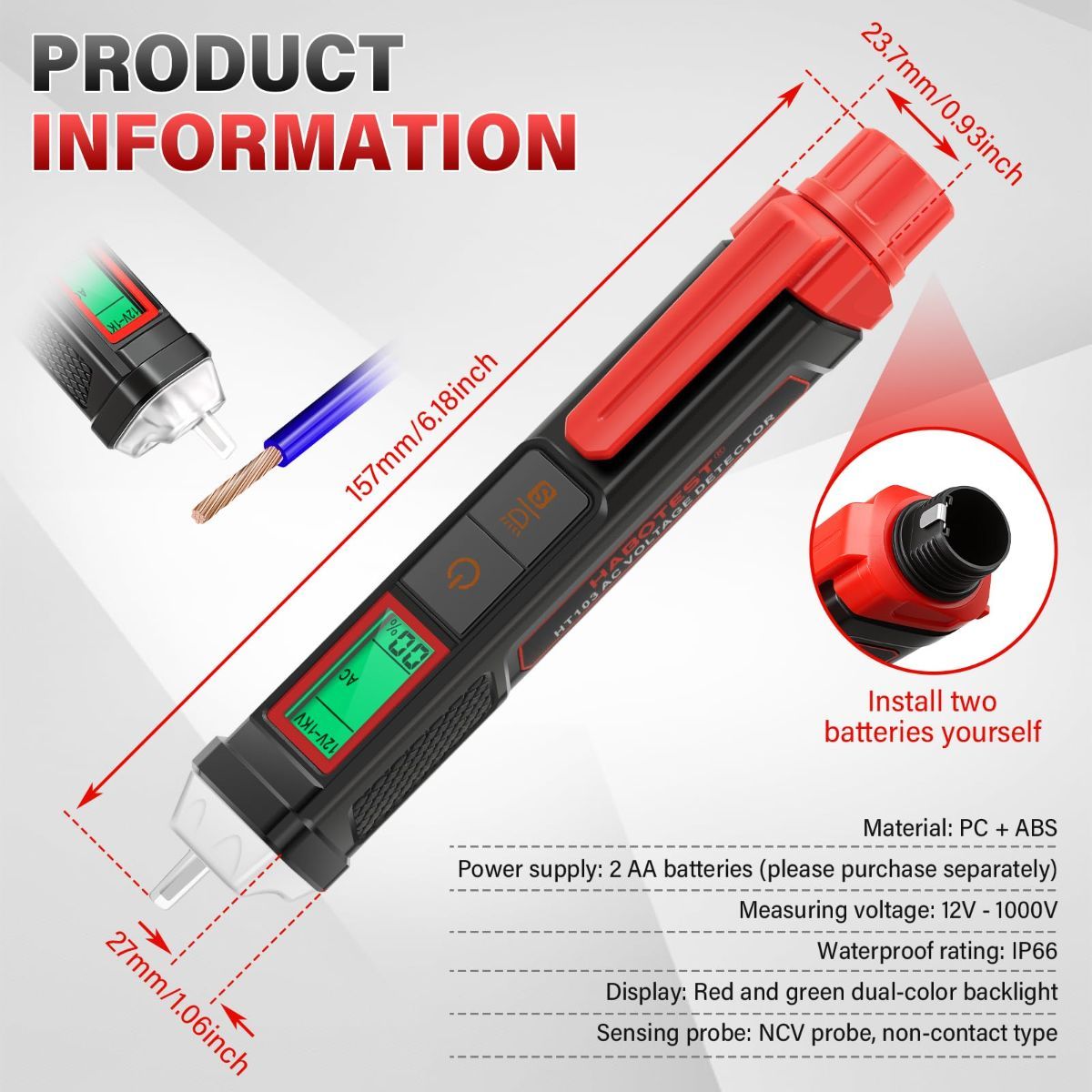 Non Contact Voltage Tester Pen, 12V-1000V Dual Range AC Circuit Tool, IP66 Waterproof Electrical Wire Detector with LCD Display, Buzzer Alarm, LED Flashlight & Breakpoint Finder - Image 1