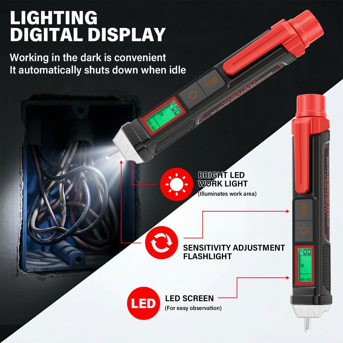 Non Contact Voltage Tester Pen, 12V-1000V Dual Range AC Circuit Tool, IP66 Waterproof Electrical Wire Detector with LCD Display, Buzzer Alarm, LED Flashlight & Breakpoint Finder - Image 4