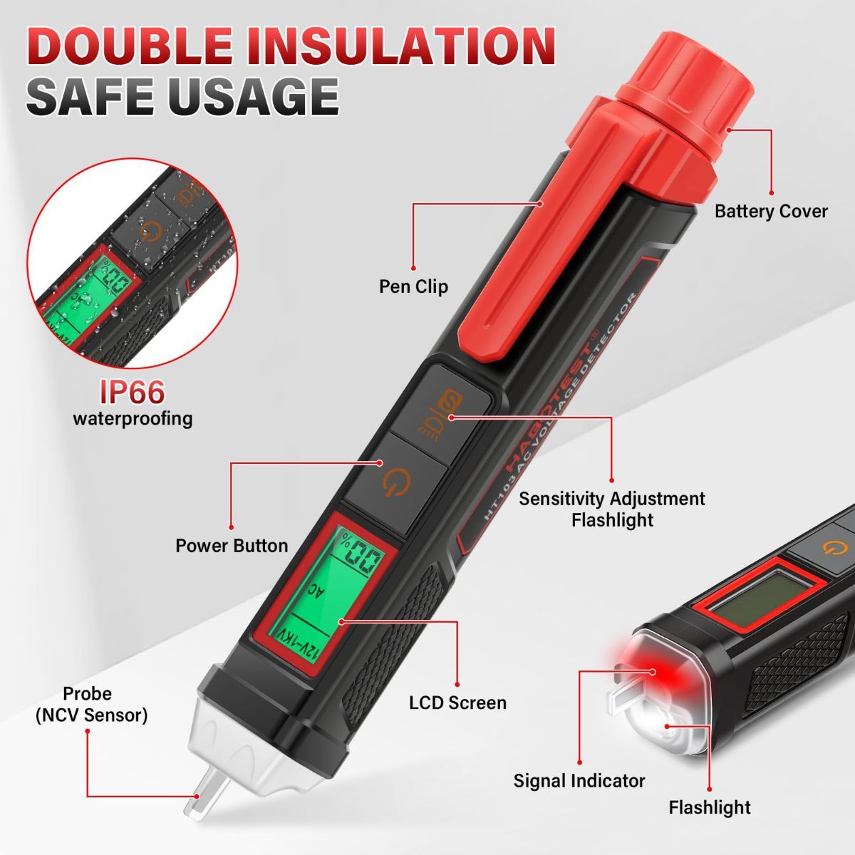 Non Contact Voltage Tester Pen, 12V-1000V Dual Range AC Circuit Tool, IP66 Waterproof Electrical Wire Detector with LCD Display, Buzzer Alarm, LED Flashlight & Breakpoint Finder - Image 6
