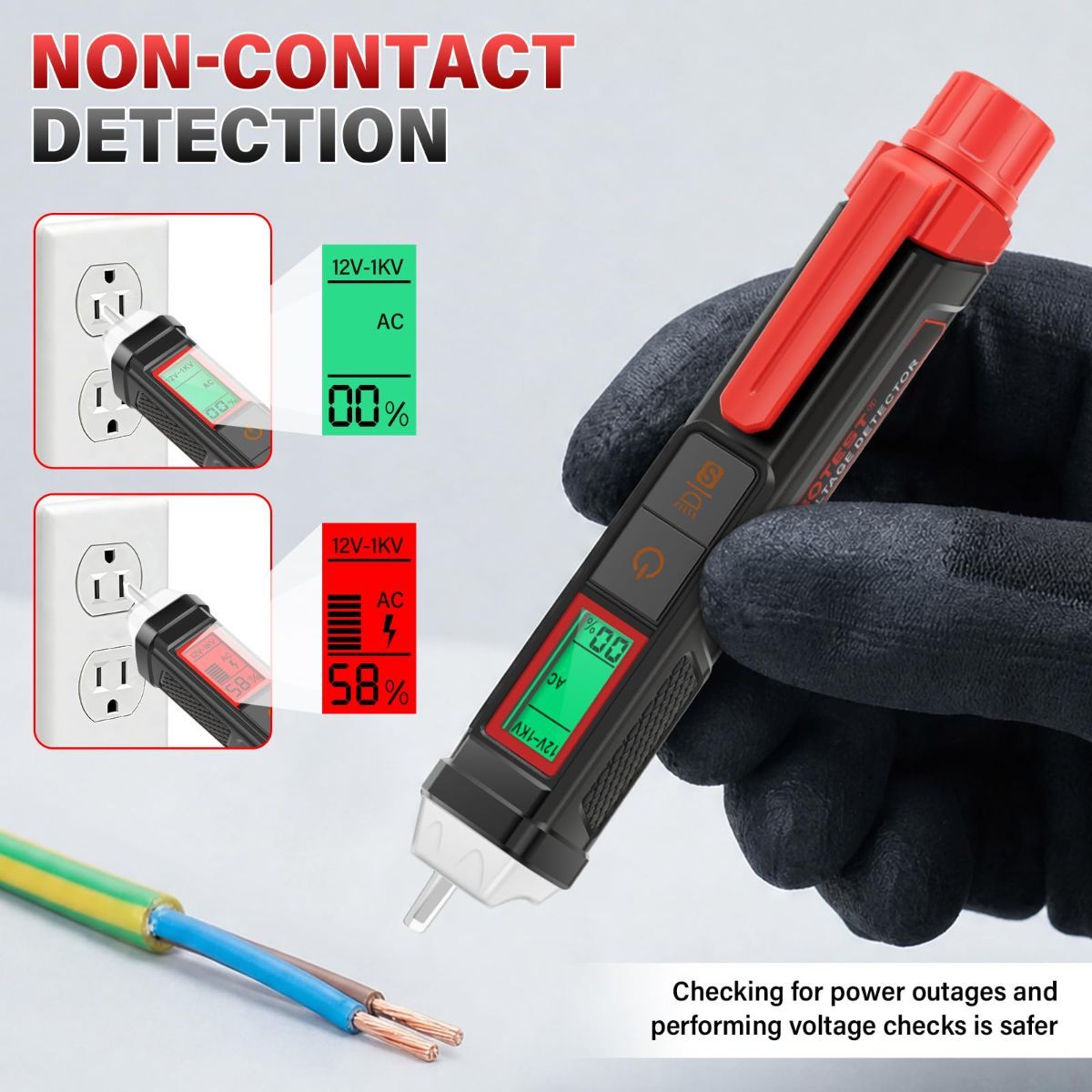 Non Contact Voltage Tester Pen, 12V-1000V Dual Range AC Circuit Tool, IP66 Waterproof Electrical Wire Detector with LCD Display, Buzzer Alarm, LED Flashlight & Breakpoint Finder - Image 8