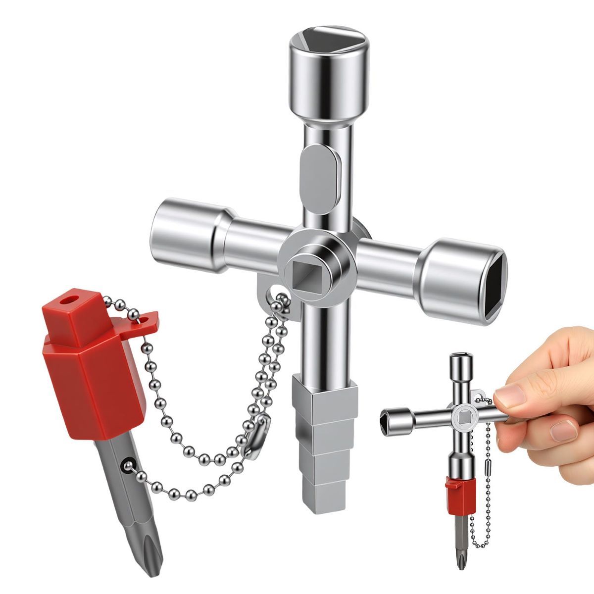 2Pcs 4-Way Universal Utility Key, Multifunctional Cross Key Wrench for Electrical Cabinet, Water Meter, Gas Valve & Elevator, Heavy Duty Pagoda Key with PH2/SL6 Bit & Hex Socket - Image 1