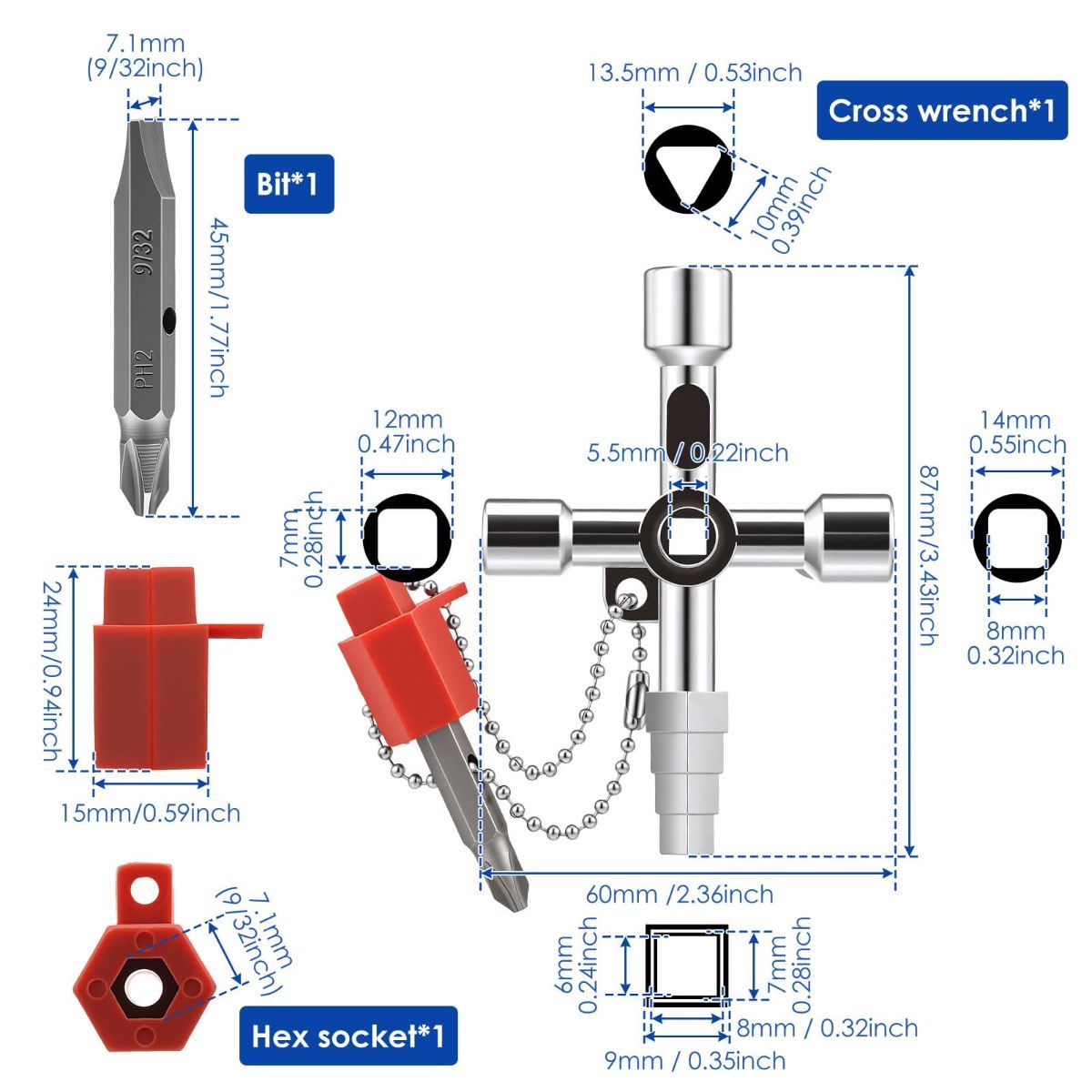 2Pcs 4-Way Universal Utility Key, Multifunctional Cross Key Wrench for Electrical Cabinet, Water Meter, Gas Valve & Elevator, Heavy Duty Pagoda Key with PH2/SL6 Bit & Hex Socket - Image 2