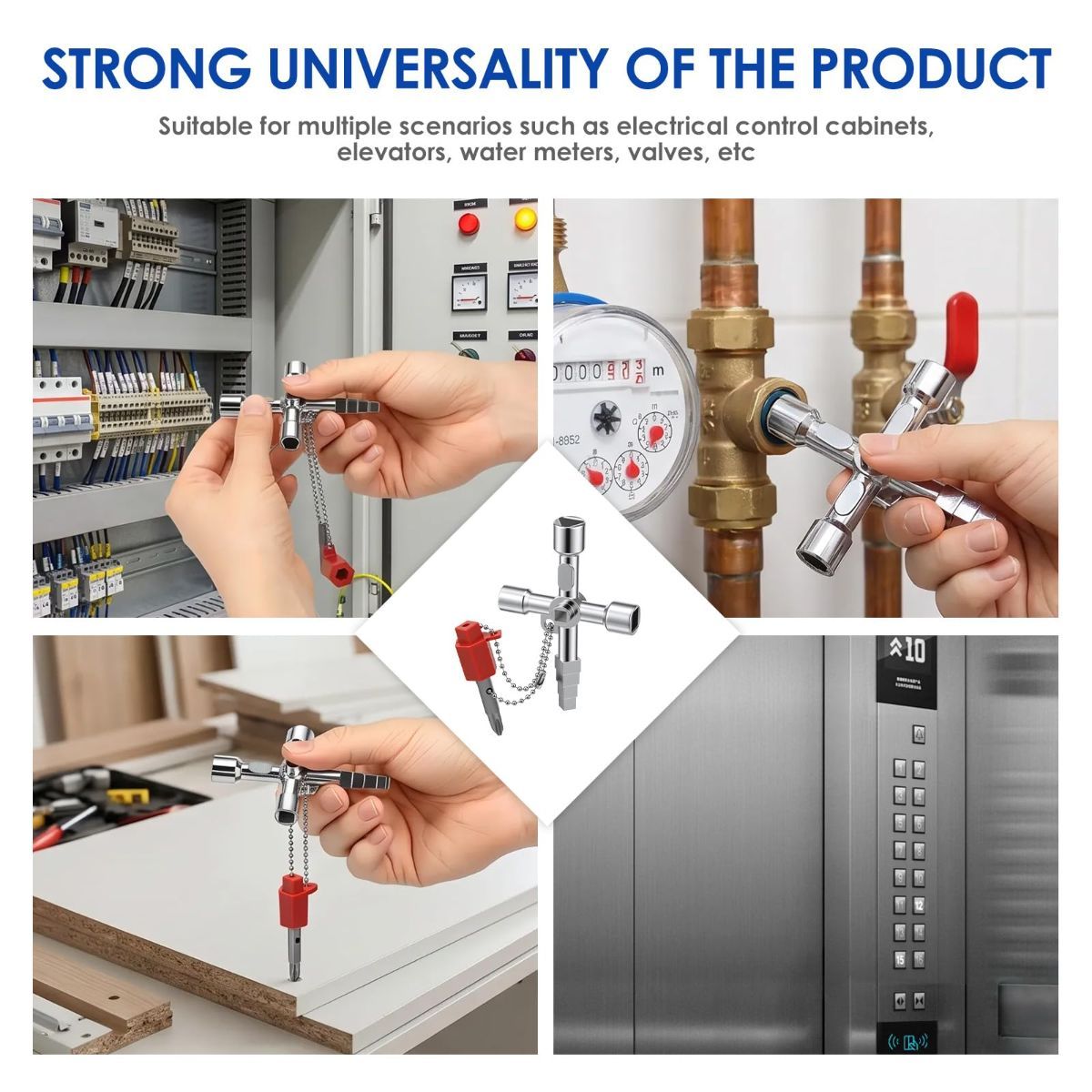 2Pcs 4-Way Universal Utility Key, Multifunctional Cross Key Wrench for Electrical Cabinet, Water Meter, Gas Valve & Elevator, Heavy Duty Pagoda Key with PH2/SL6 Bit & Hex Socket - Image 4