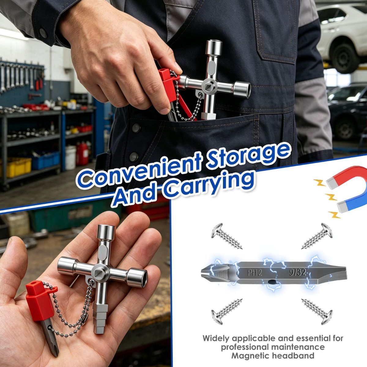 2Pcs 4-Way Universal Utility Key, Multifunctional Cross Key Wrench for Electrical Cabinet, Water Meter, Gas Valve & Elevator, Heavy Duty Pagoda Key with PH2/SL6 Bit & Hex Socket - Image 5