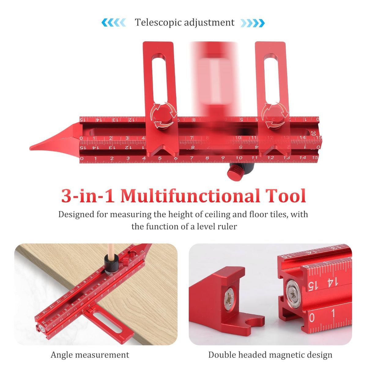4 Sided Scribing Tool, Aluminum Alloy 4 Sided Scale Guiding Ruler, Leveling Ruler with Magnetic Base, Multi-Purpose Woodworking Marking Tool for DIY, Woodworking, Carpentry - Image 3