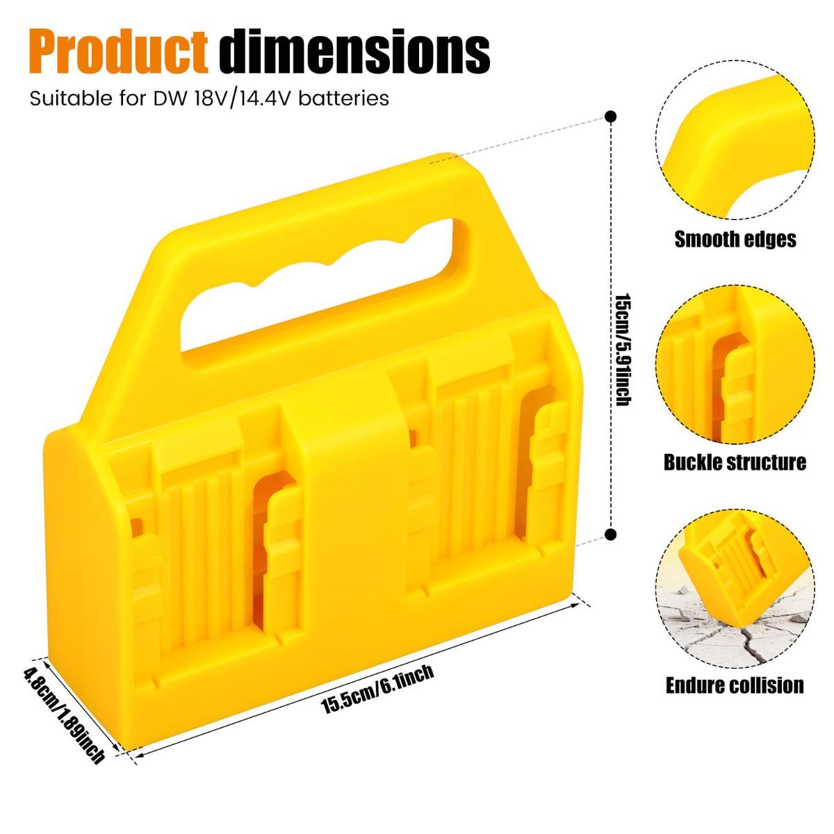 Battery Carrying Holder for 18V/14.4V, Portable Battery Case with Handle, Battery Organizer for Easy and Transport, Ideal for Tool Bags & Job Sites - Yellow - Size 4 Slots - Image 2