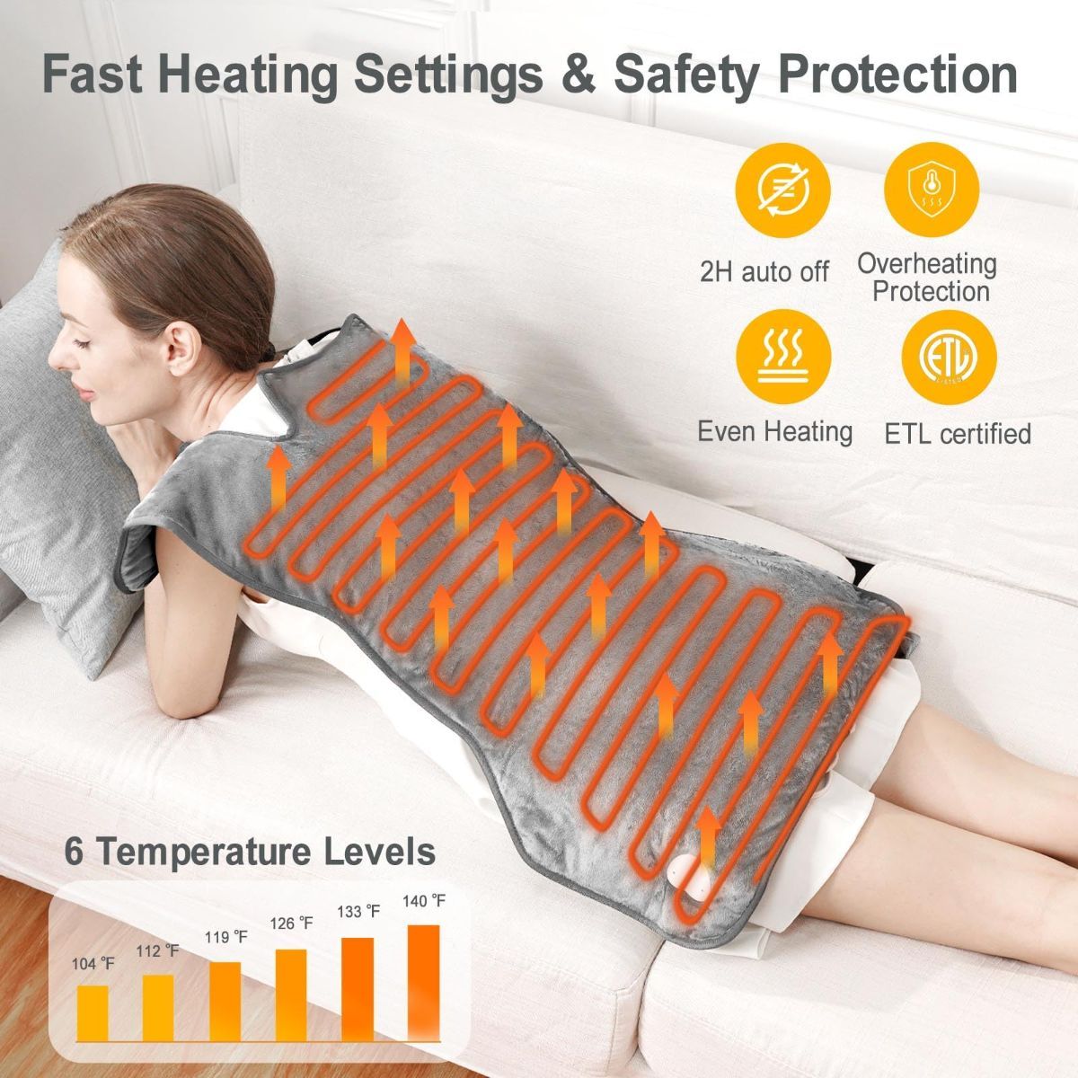 Fast Heating Electric Heating Pad for Neck and Shoulder and Back with 6 Heating Settings & 4 Timer, Large Size Heated Wrap with Auto Shut Off & Machine Washable (Silver Gray, 37x24 inch) - Image 3