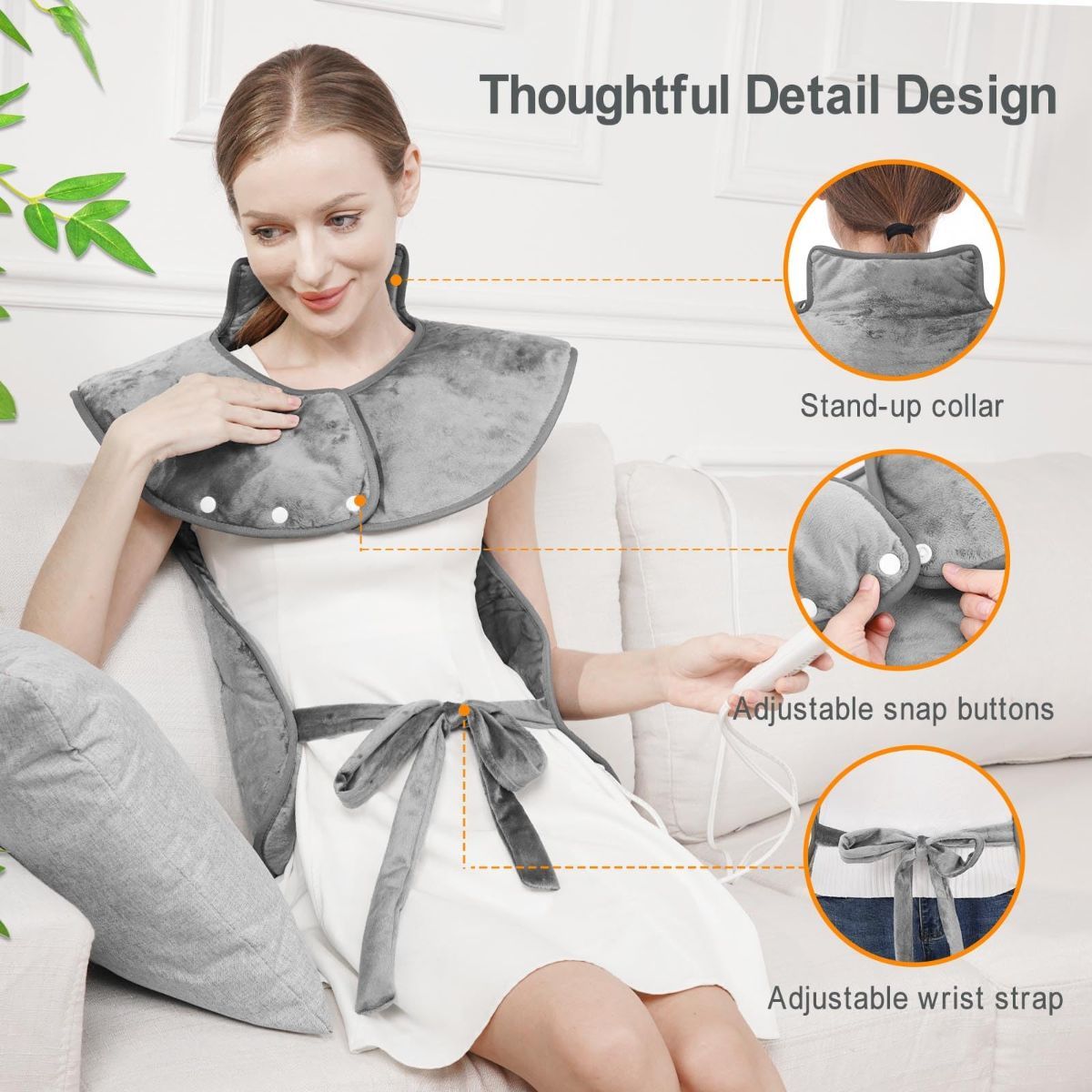 Fast Heating Electric Heating Pad for Neck and Shoulder and Back with 6 Heating Settings & 4 Timer, Large Size Heated Wrap with Auto Shut Off & Machine Washable (Silver Gray, 37x24 inch) - Image 6