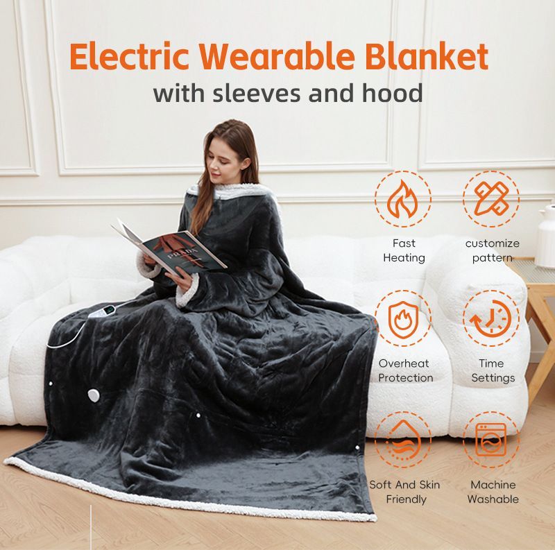 Wearable Heated Blanket Portable with Sleeves & Foot Pocket - Electric Snuggle Throw Blanket, 8 Heat Settings, 1-12H Auto Shut-Off, 50