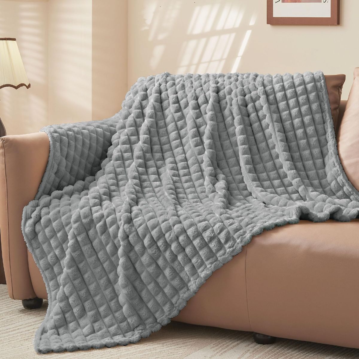 Updated Grey Throw Blanket for Couch and Bed- Super Soft and Warm 3D Checkered Fluffy Fuzzy Fleece Blanket, Luxurious Plush Cozy Blanket for Room Decor Spring - Gray - Size 180cm*200cm - Image 1