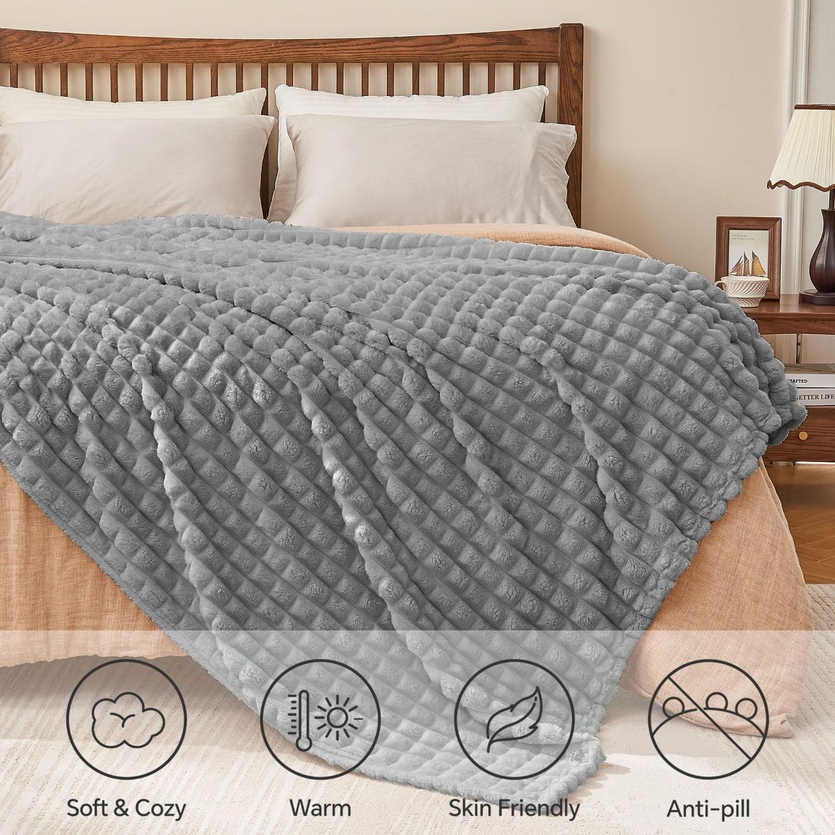 Updated Grey Throw Blanket for Couch and Bed- Super Soft and Warm 3D Checkered Fluffy Fuzzy Fleece Blanket, Luxurious Plush Cozy Blanket for Room Decor Spring - Gray - Size 200cm*230cm - Image 8