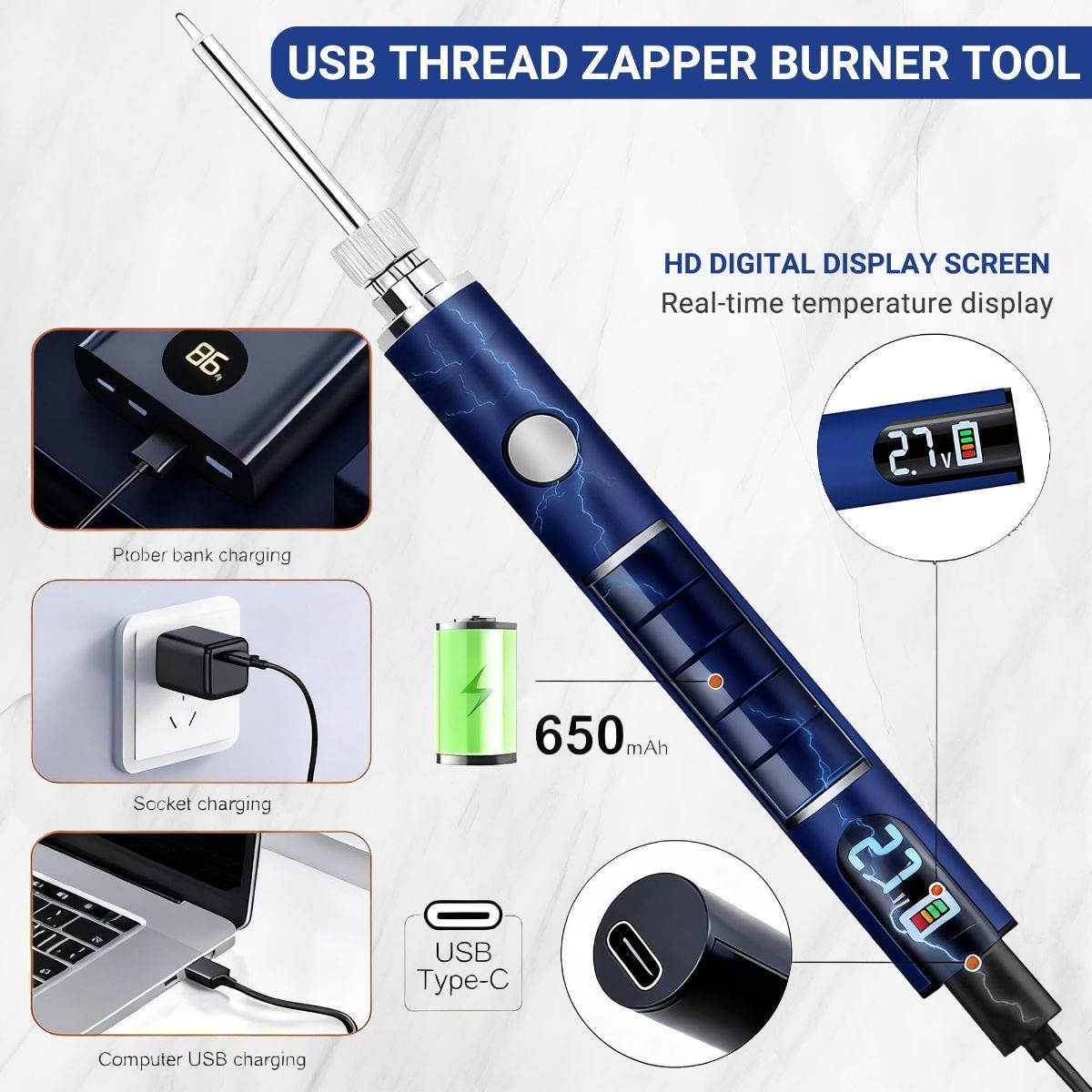Rechargeable Thread Burner Kit Digital LCD Screen Displays for Intelligent Temperature Control Burning Pen with Three Settings of 2.7V, 3.7V and 4.2V,510 threaded battery - Red - Size 3.5in - Image 4