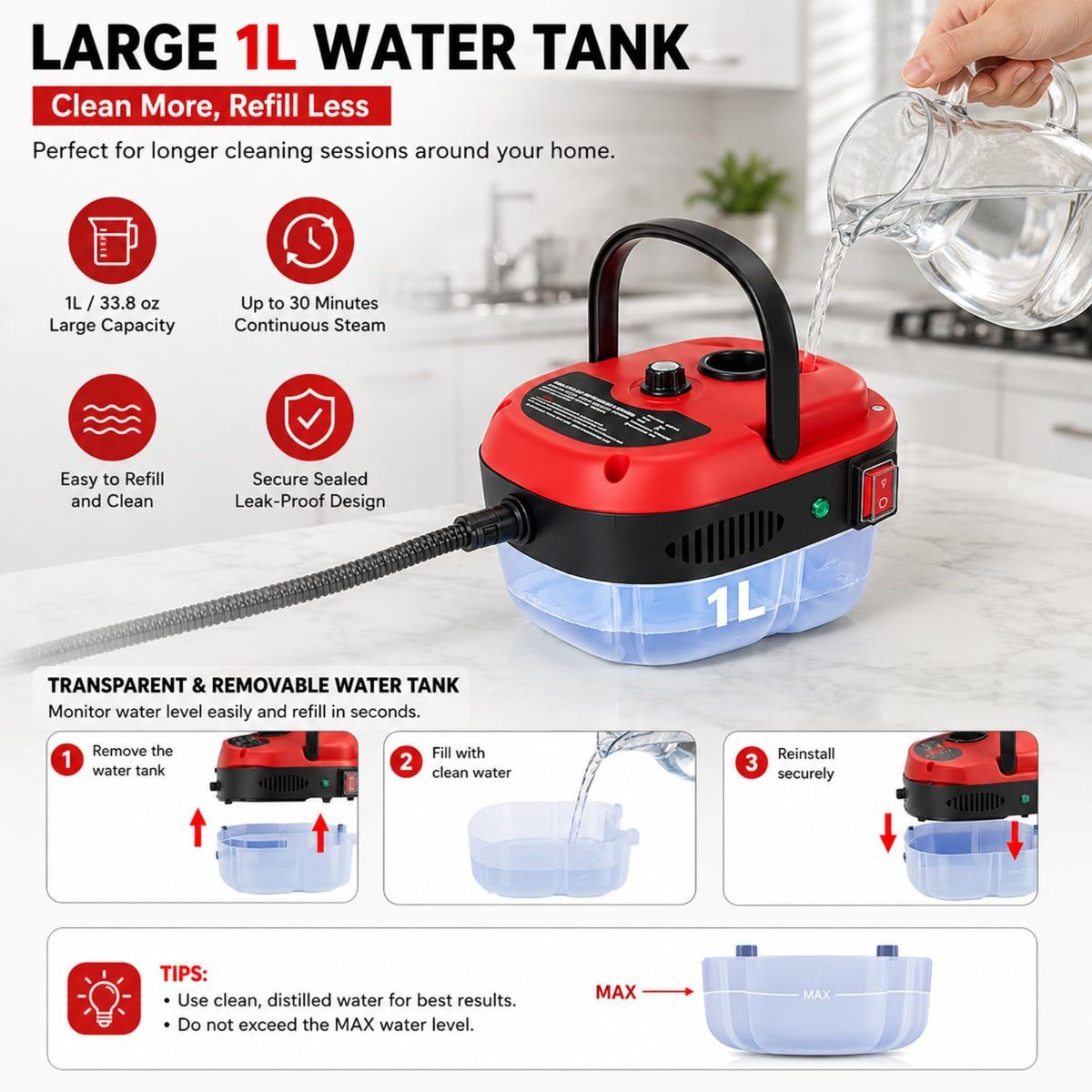 Versora Pro Car Steam Cleaner, 2500W Steam Cleaner, Lightweight High-Temp Steamer for Auto Detailing, Sofa, Tile & Grease, Large Tank + Brush Heads Included  - Red - Image 2