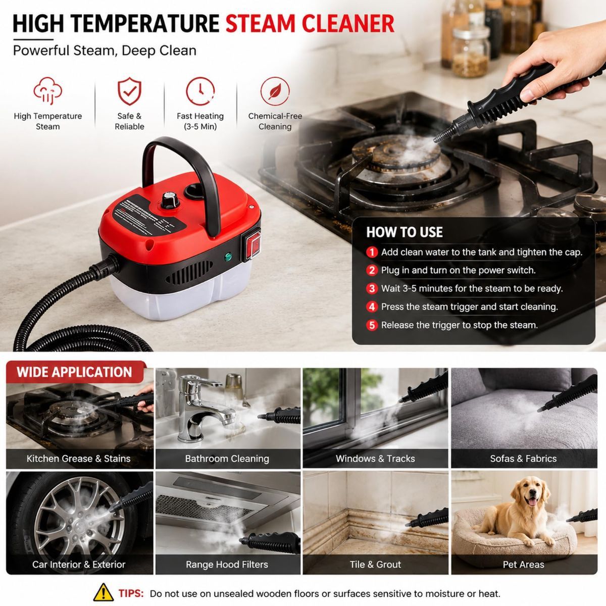 Versora Pro Car Steam Cleaner, 2500W Steam Cleaner, Lightweight High-Temp Steamer for Auto Detailing, Sofa, Tile & Grease, Large Tank + Brush Heads Included  - Red - Image 3