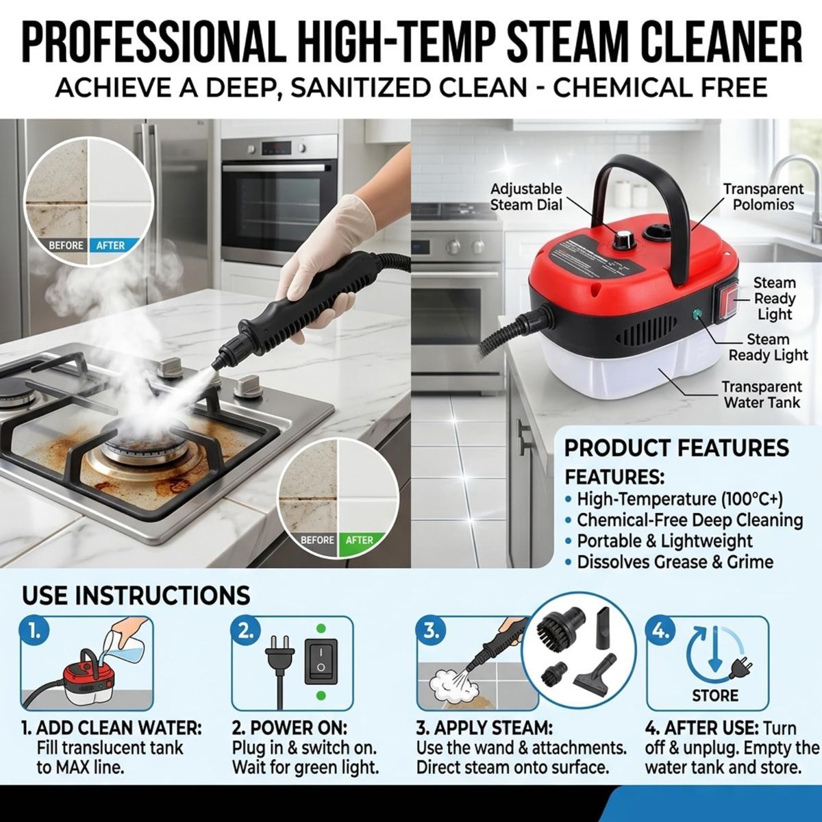 Versora Pro Car Steam Cleaner, 2500W Steam Cleaner, Lightweight High-Temp Steamer for Auto Detailing, Sofa, Tile & Grease, Large Tank + Brush Heads Included  - Red - Image 4