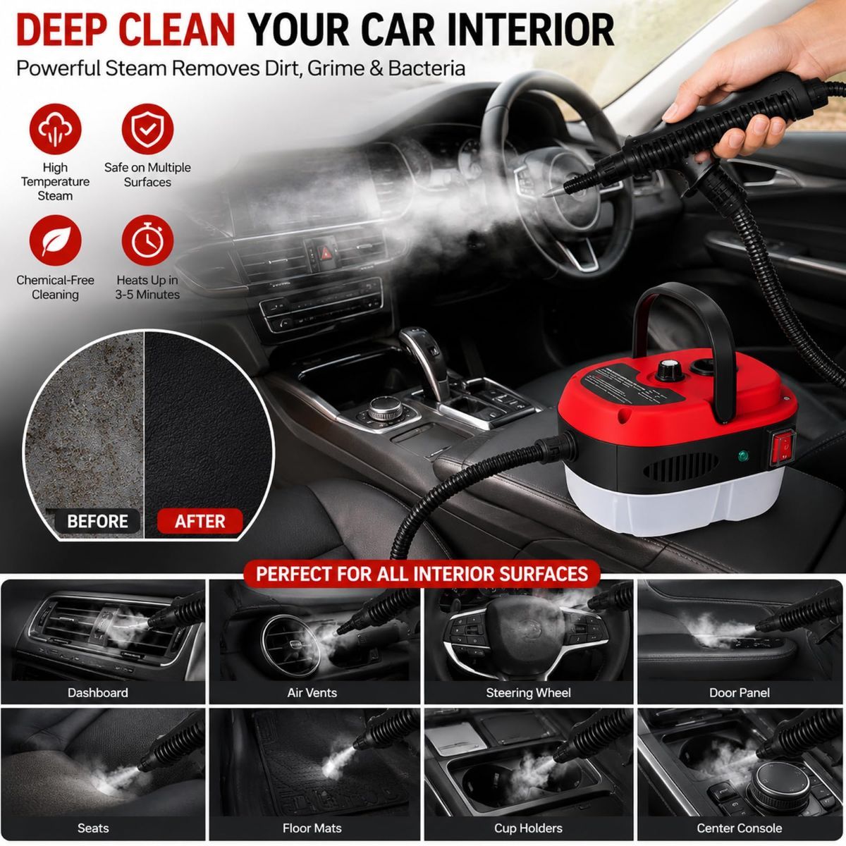 Versora Pro Car Steam Cleaner, 2500W Steam Cleaner, Lightweight High-Temp Steamer for Auto Detailing, Sofa, Tile & Grease, Large Tank + Brush Heads Included  - Red - Image 5